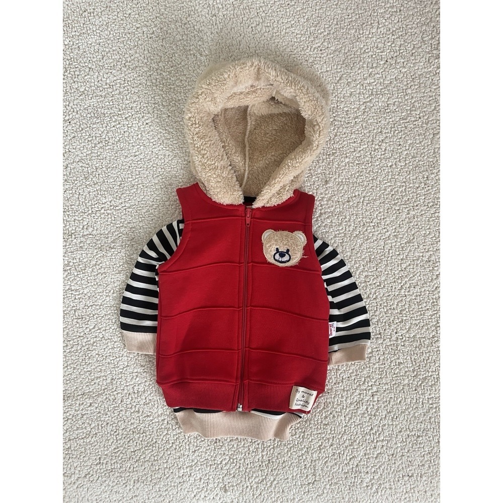 By Murat Baby Bear Outfit Set Red Fleece Vest Striped Long Sleeve Shirt Cozy 12M